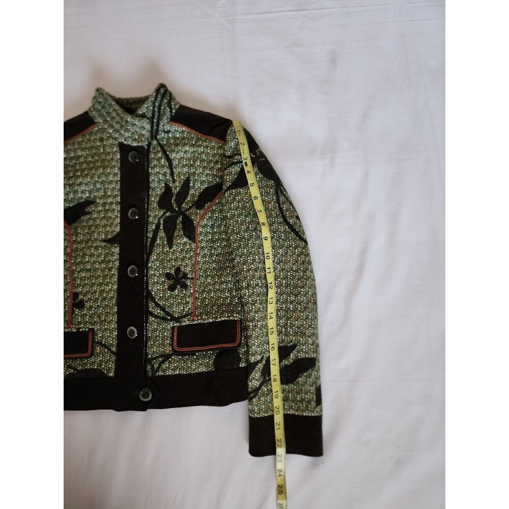 Otti Zen High Neck Button Front Faux Pockets Tweed Jacket Green/Black Small - Picture 11 of 12